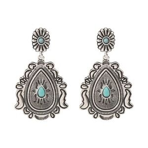 New Western Women's Frontier Antique Teardrop Faux Turquoise Metal Boho Earrings